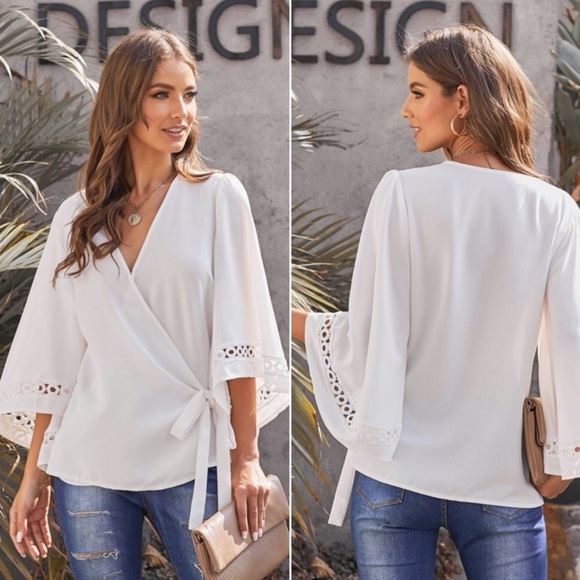 NEW White Crochet Sleeve Side Tie Overlap Blouse - Picture 2 of 6